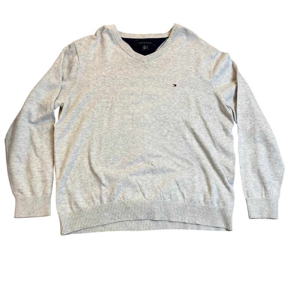Tommy Hilfiger Mens Sweater Large V-Neck Preppy Old Money Gray Pullover Casual
